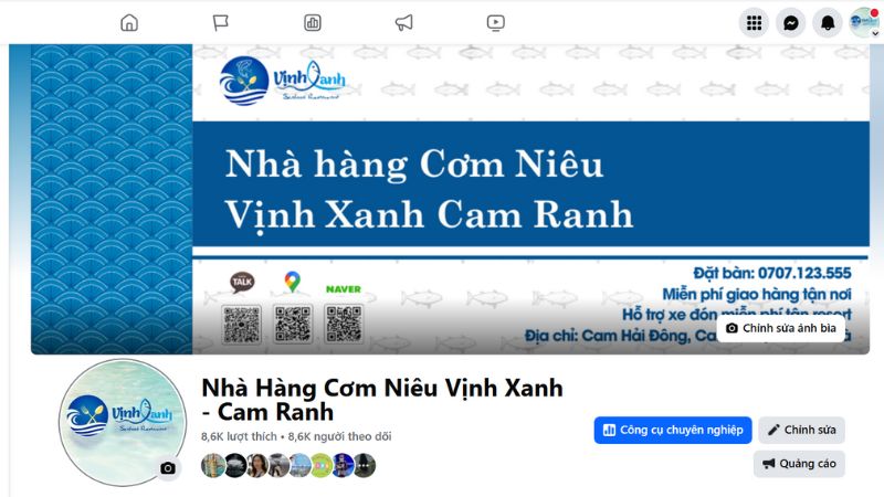 Trang Facebook liên hệ Vịnh Xanh để đặt bàn
